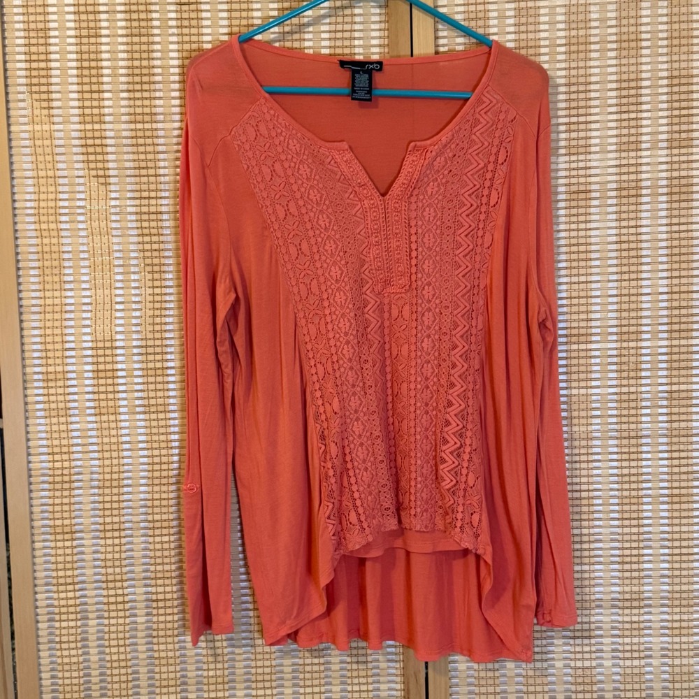 RXB Women Large Porcelain Rose Lace Crochet Bib Long Sleeve High Low Top